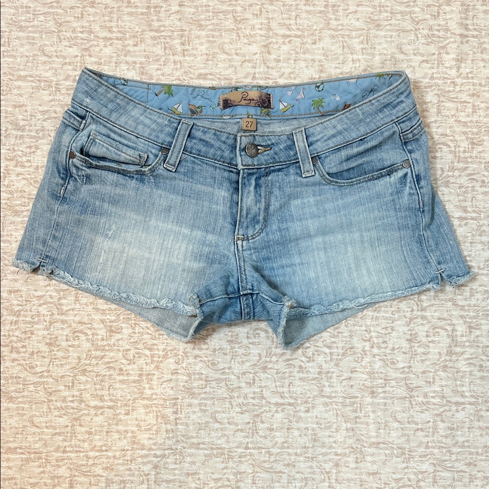 Paige Women’s Faded Blue Denim Fringe Cutoff Shorts Size 27